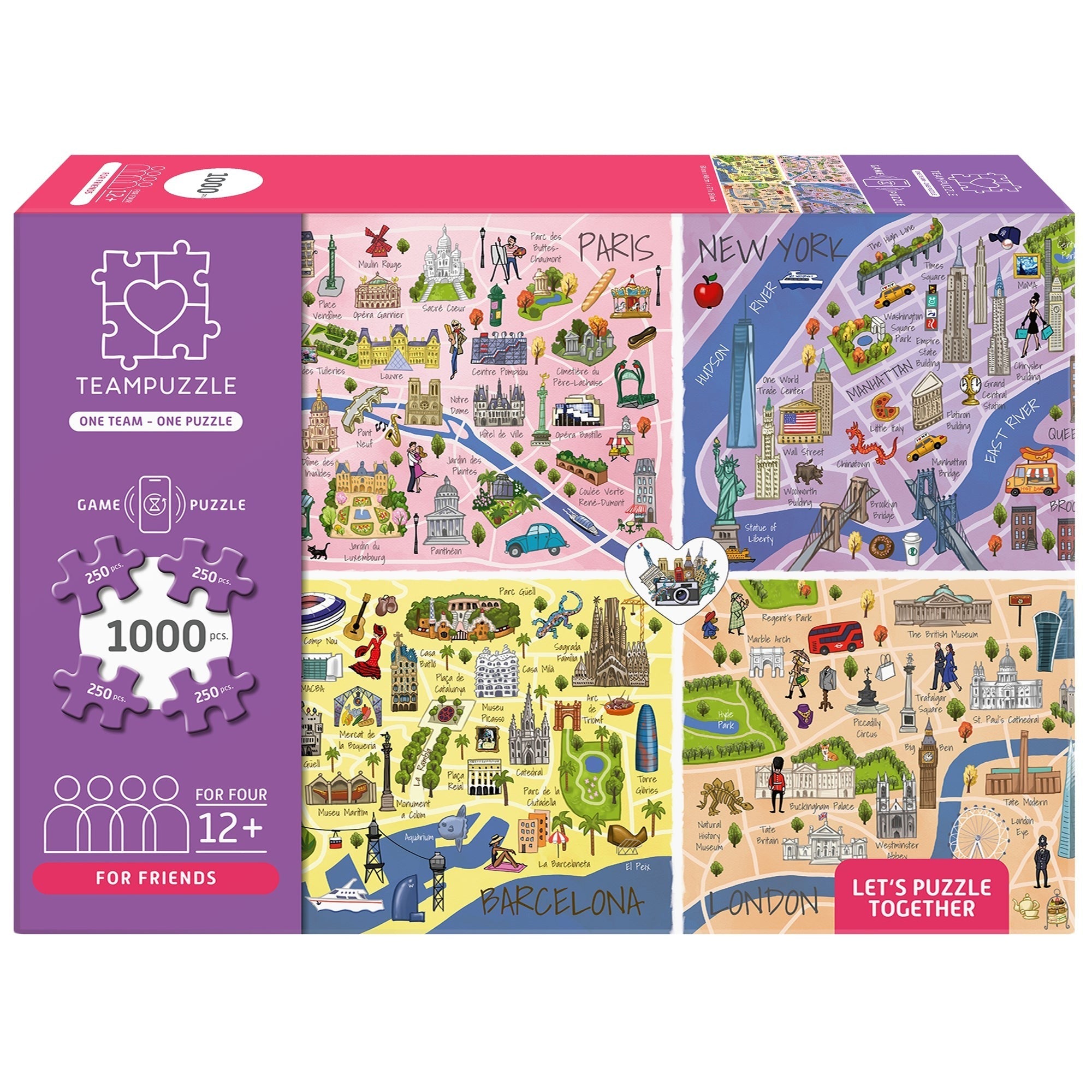 TEAMPUZZLE: City Trip 1000pc Puzzle, 4-Player Jigsaw Sections, 27x19 Inch