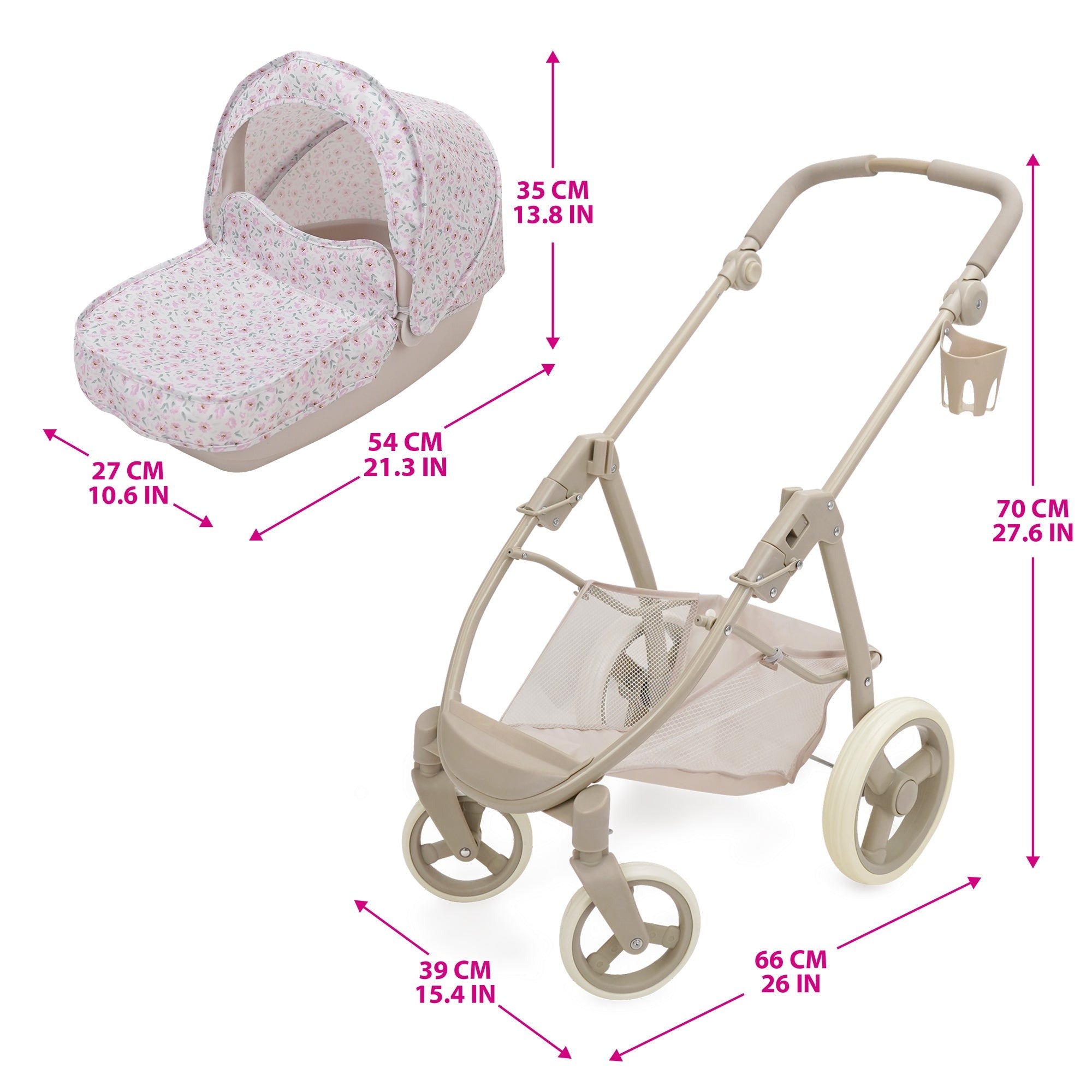 509 Crew Little Flora Bella 2-in-1 Doll Pram, Convertible Toy Stroller, 27.6-Inch