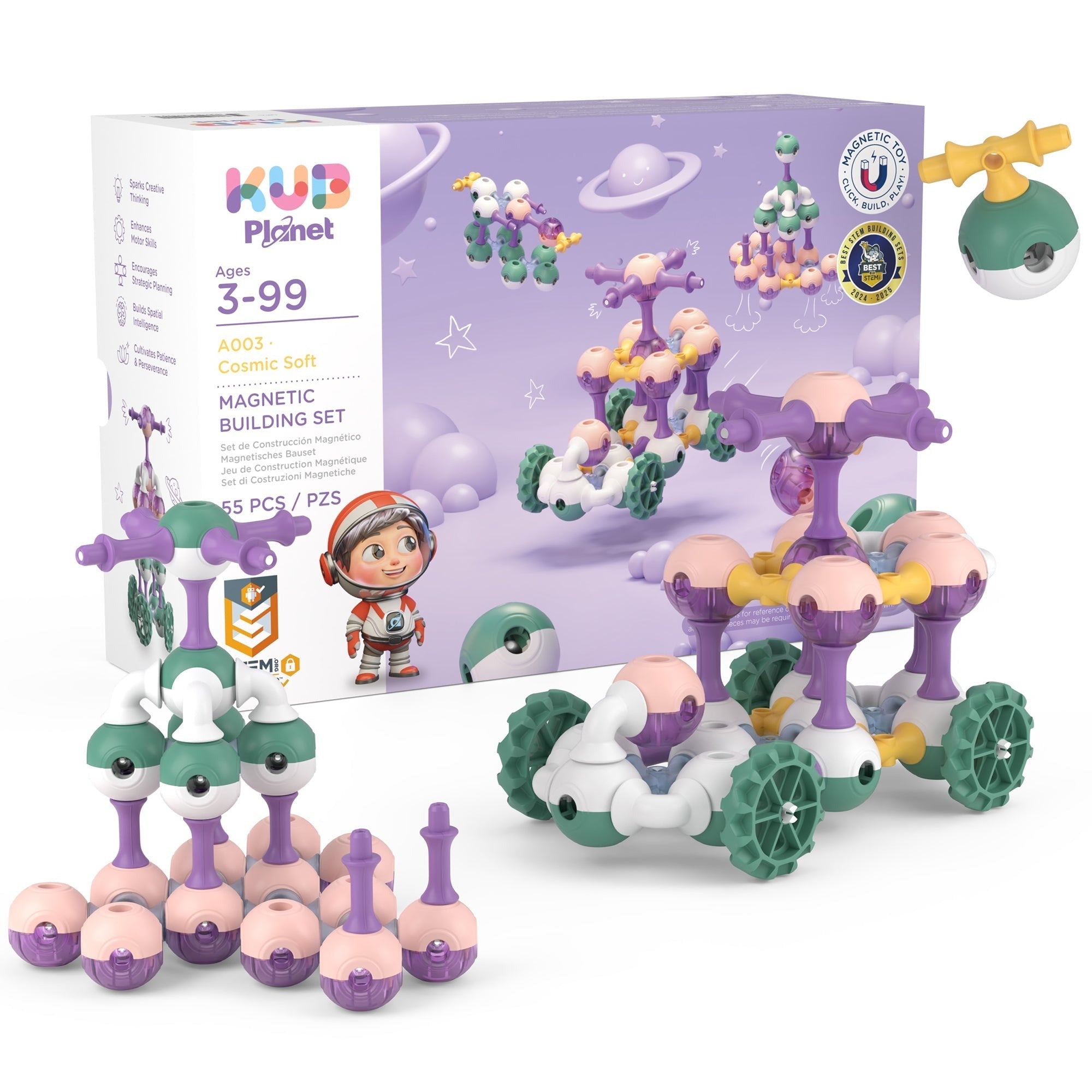 KUB Planet Cosmic Soft 55-Piece Magnetic Building Set - STEM Construction Toy