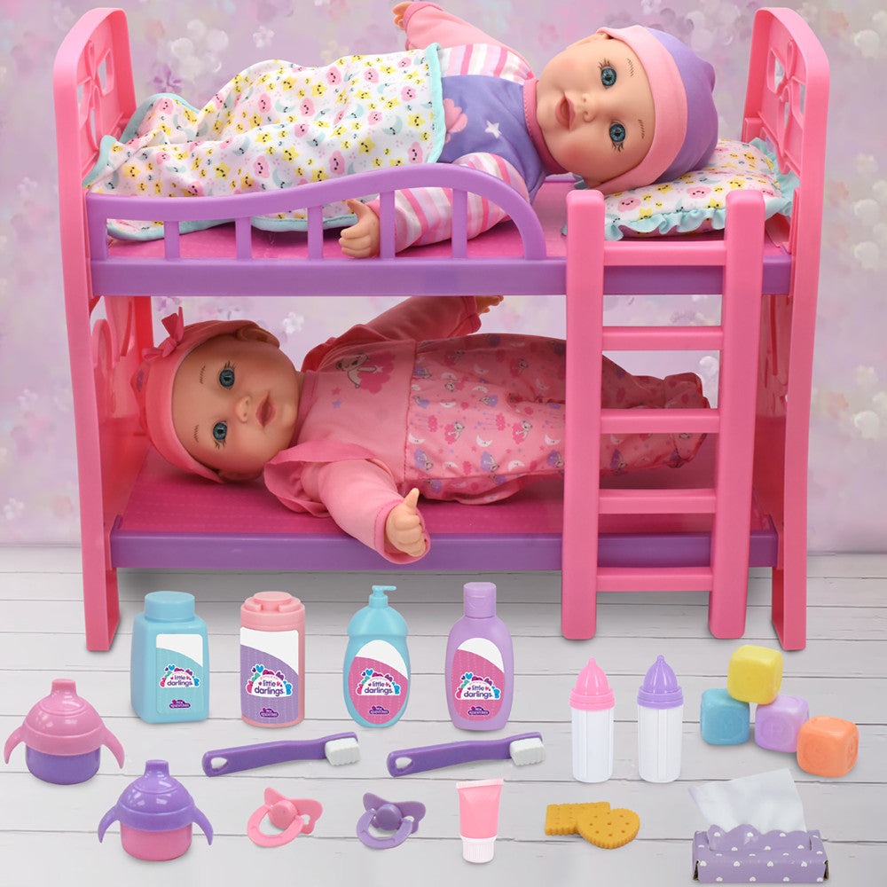 Little Darlings 12" - Twin Dolls Bedtime Fun Set 29pc - Pink, Purple, Green - Playset for Kids Ages 2+