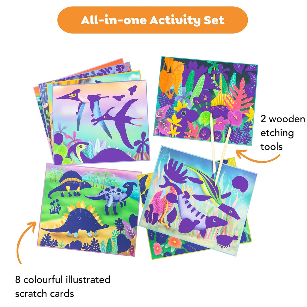 Tiger Tribe Dinosaur Scratch Art Kit - 8 Colorful Illustrations, Wooden Tools, Ages 5+