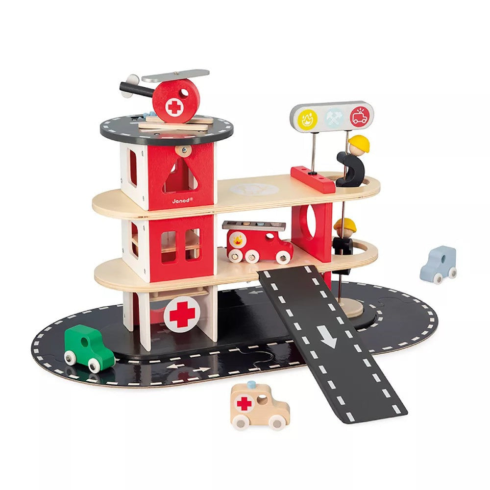 Janod Fire Station Toy Set - Multilevel Playset