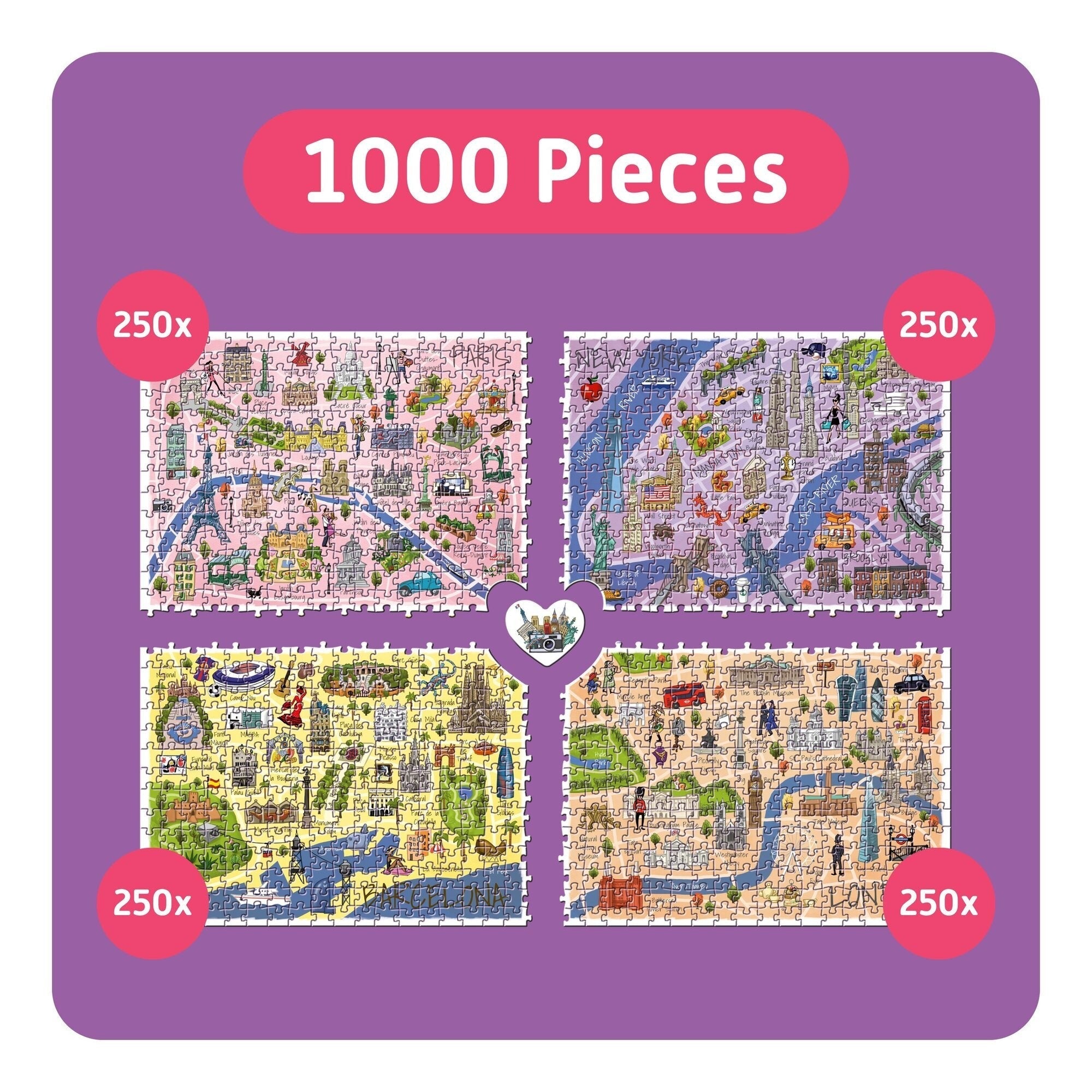 TEAMPUZZLE: City Trip 1000pc Puzzle, 4-Player Jigsaw Sections, 27x19 Inch