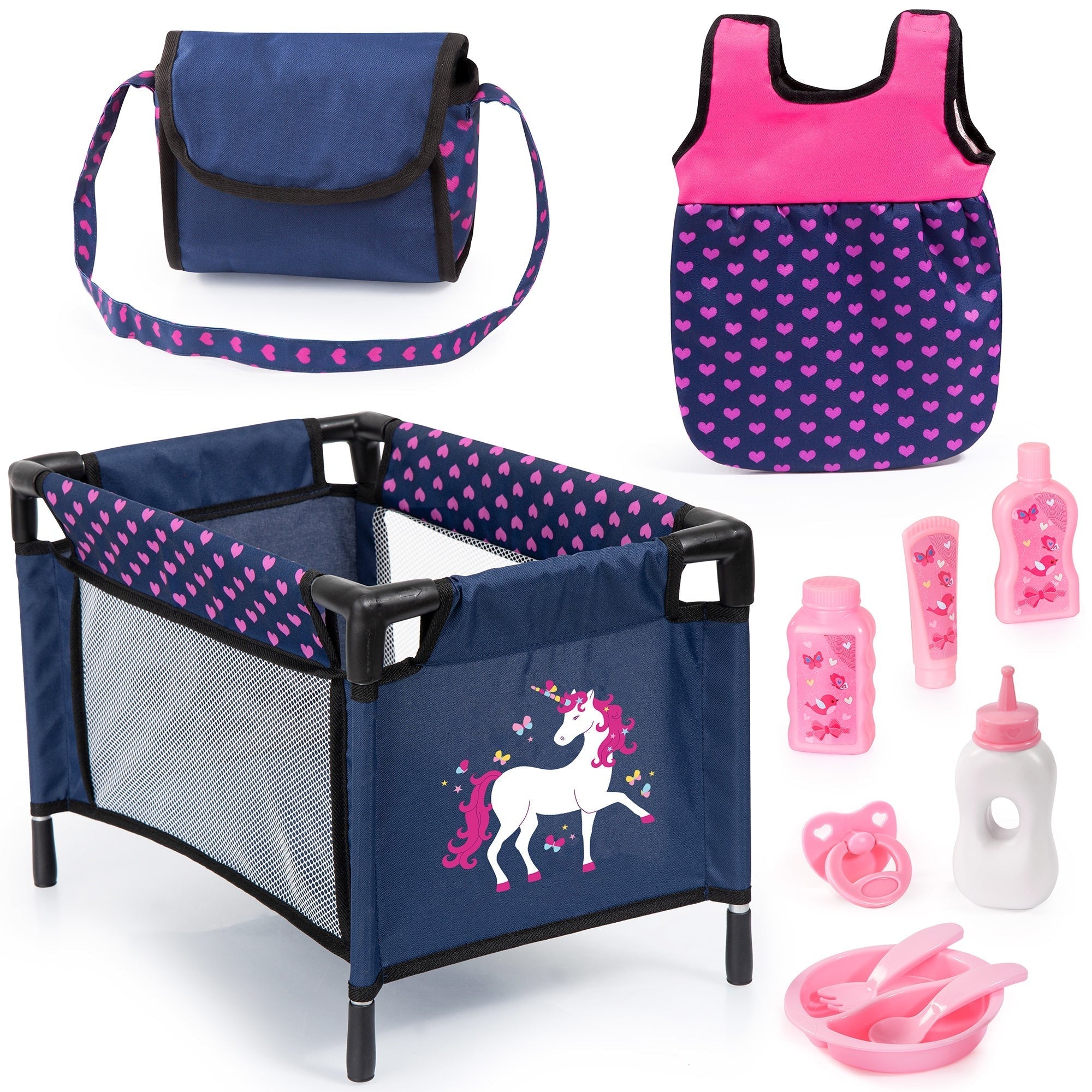 Bayer Design Doll Travel Set with Navy-Pink-Unicorn Theme