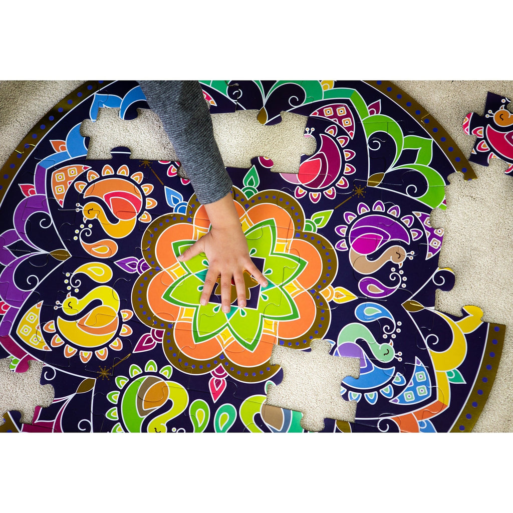 Kulture Khazana Rangoli Mandala 48-Piece Circular Floor Puzzle & Coloring Sticker Book Bundle