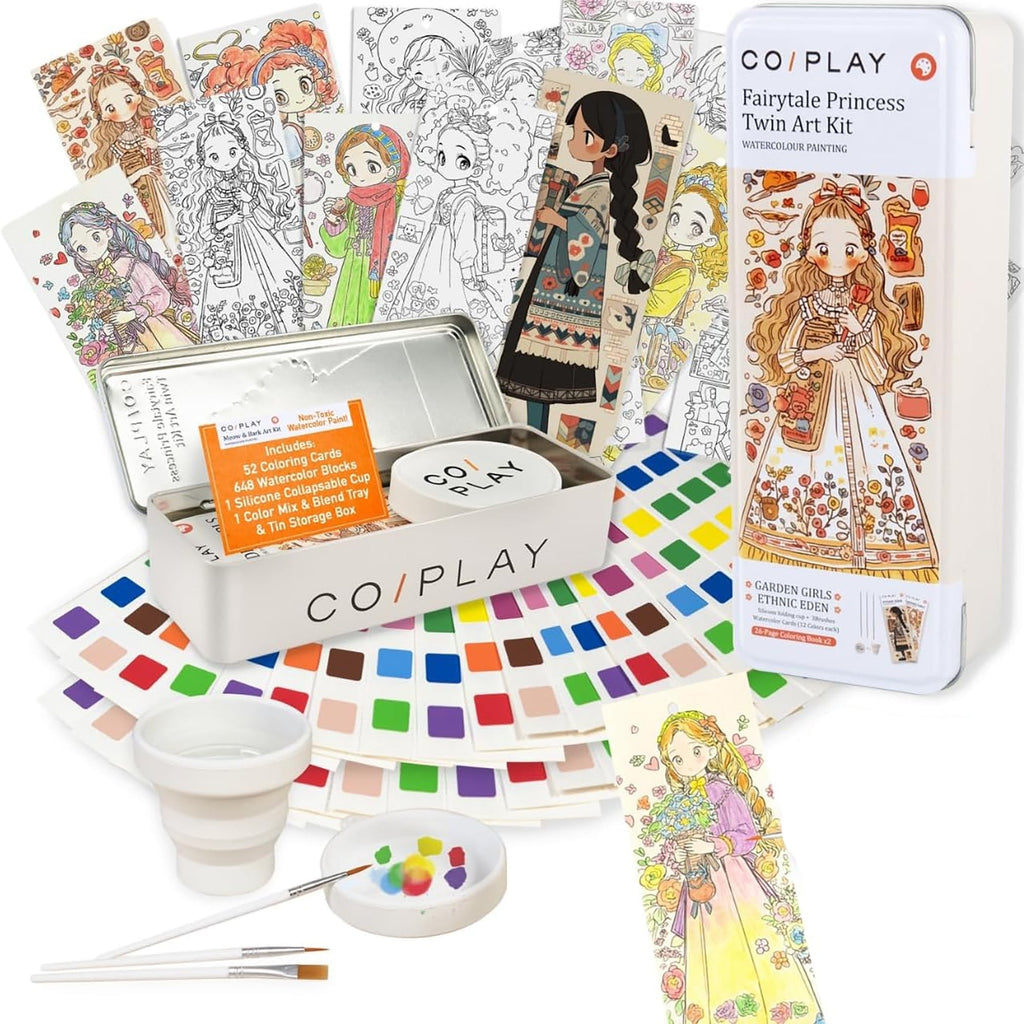COIPlay Fairytale Princess Watercolor Art Kit With 648 Paint Blocks And 52 Coloring Cards