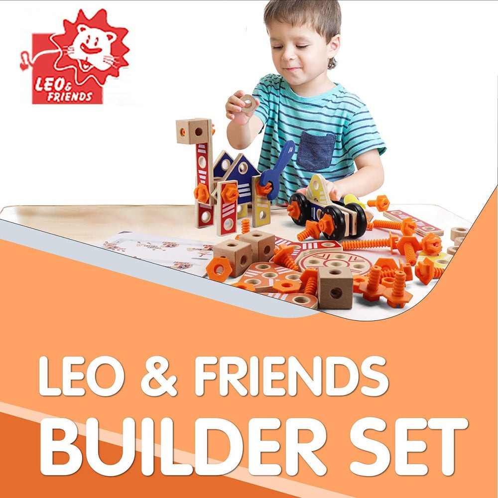 LEO & FRIENDS 72-Piece Wooden Builder Construction Set - Sustainable Play