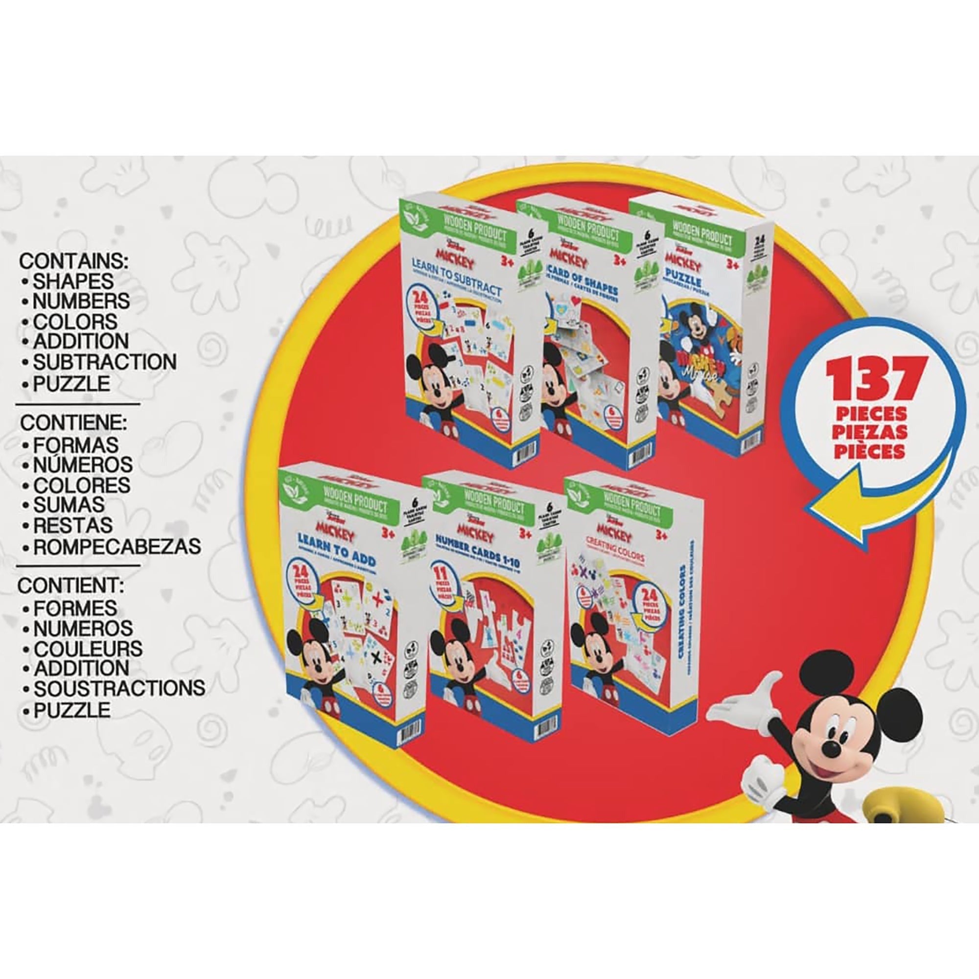 Disney Mickey Mouse 6-In-1 Wooden Learning Games Set With Bilingual Flashcards