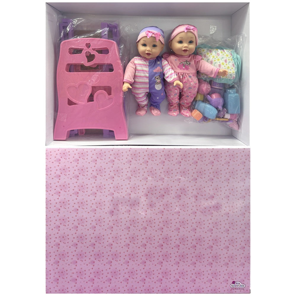 Little Darlings 12" - Twin Dolls Bedtime Fun Set 29pc - Pink, Purple, Green - Playset for Kids Ages 2+