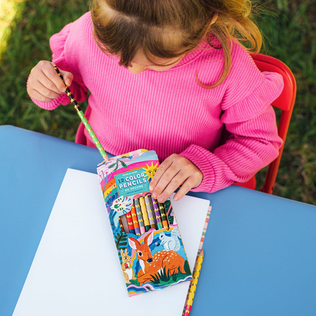 eeBoo Fawn & Sun Double-Sided Colored Pencils 12-Piece Set - 24 Metallic & Fluorescent Shades