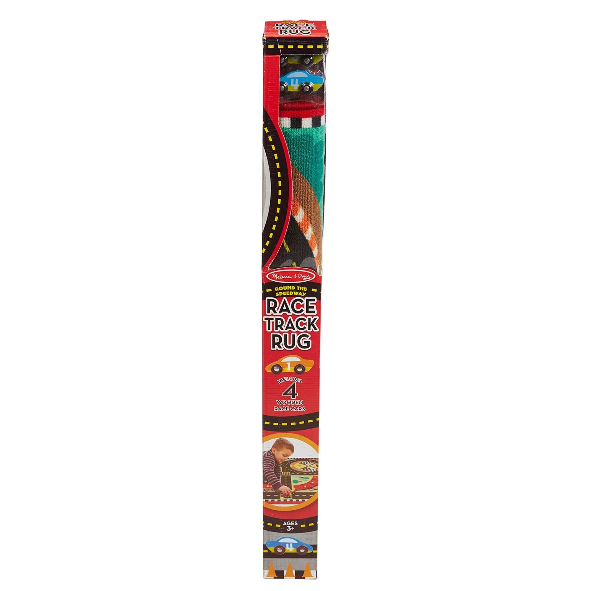 Melissa & Doug Round The Speedway Race Track Rug With 4 Wooden Cars Set