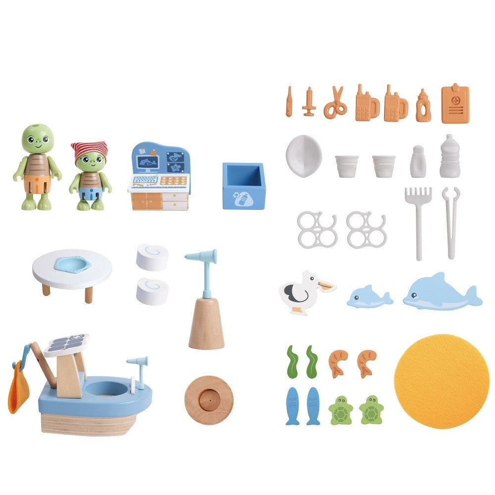 Hape Ocean Rescue Playset - 47pc Wooden 2-Level Doll House with Slide