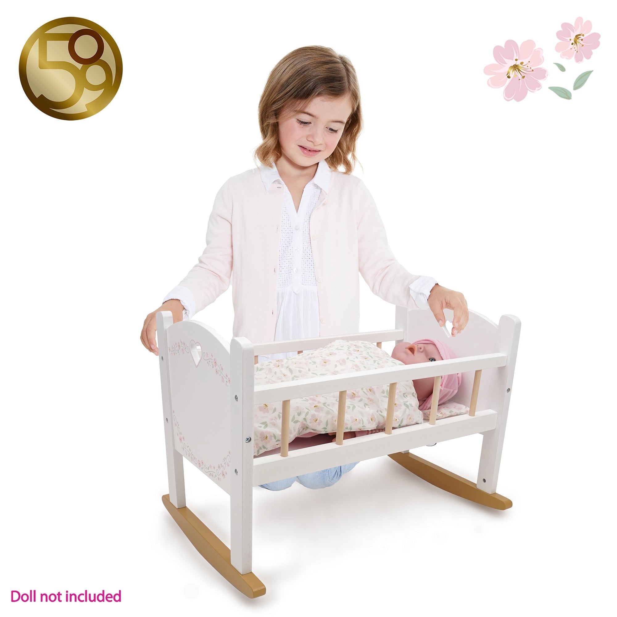 Little Flora Wooden Doll Cradle With Mattress And Pillow - Floral Nursery Roleplay Set