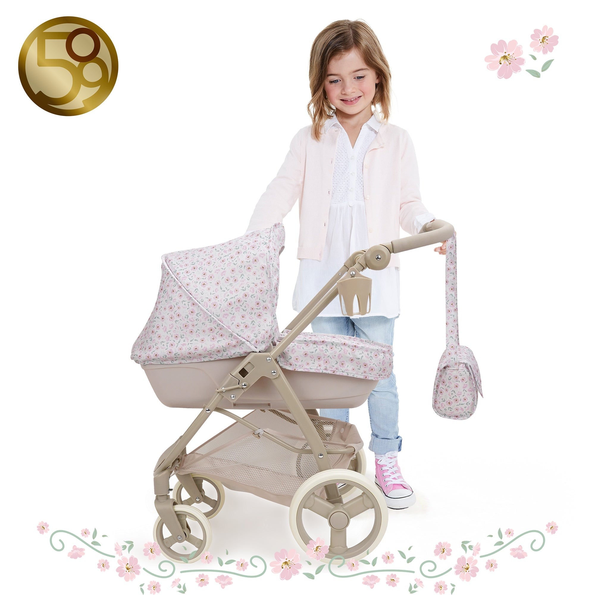509 Crew Little Flora Bella 2-in-1 Doll Pram, Convertible Toy Stroller, 27.6-Inch