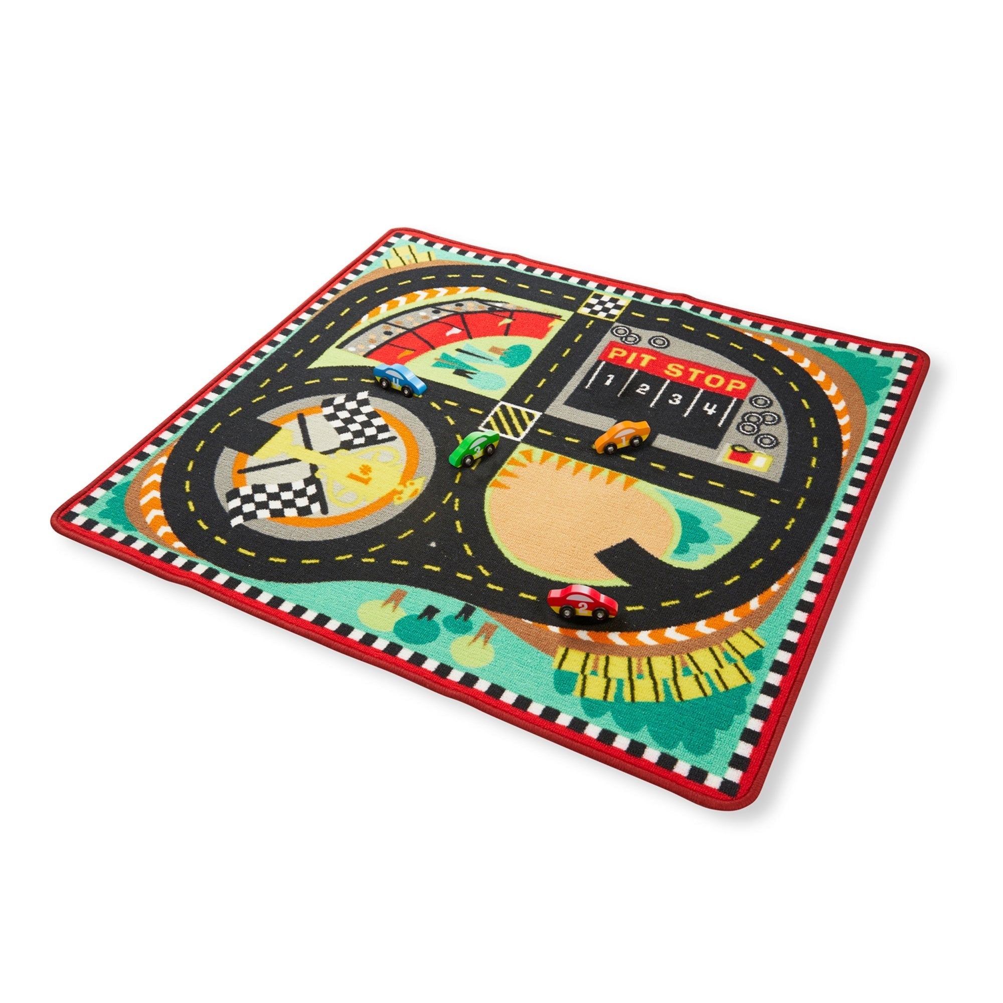 Melissa & Doug Round The Speedway Race Track Rug With 4 Wooden Cars Set
