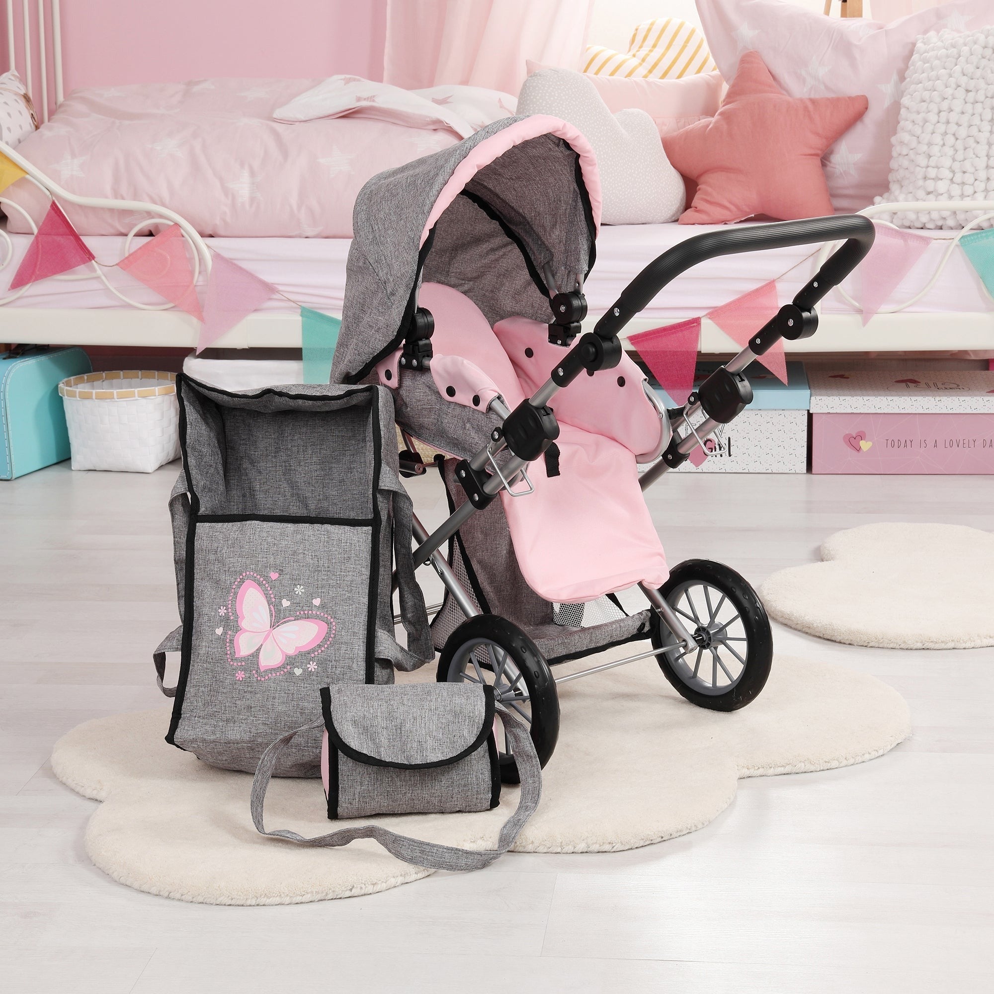 Bayer Design City Star Doll Pram, Convertible Stroller for Dolls Up to 18 Inches