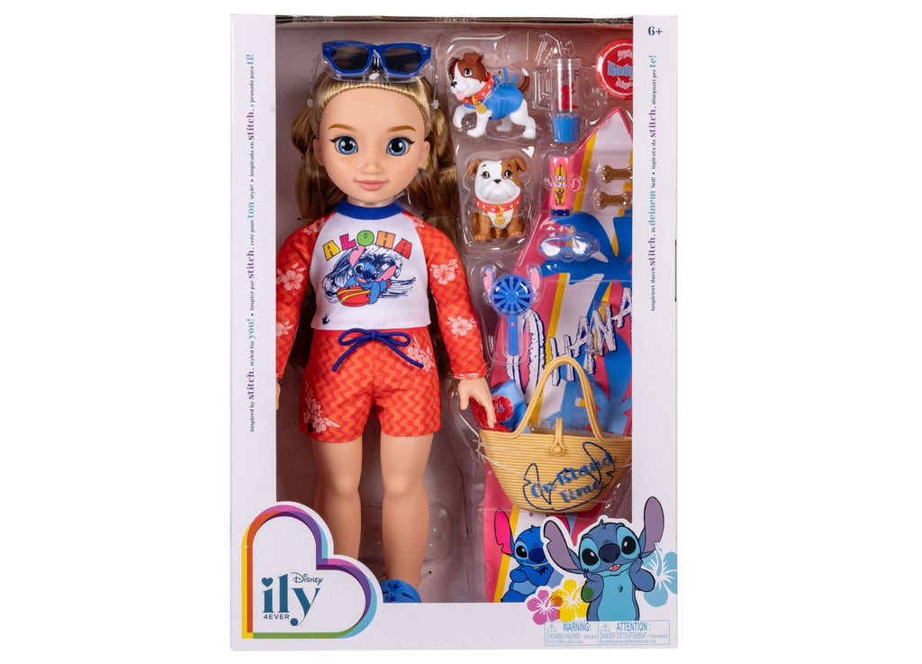 Disney ILY 18-Inch Lilo & Stitch Beach Fashion Doll With Surfboard And Puppies