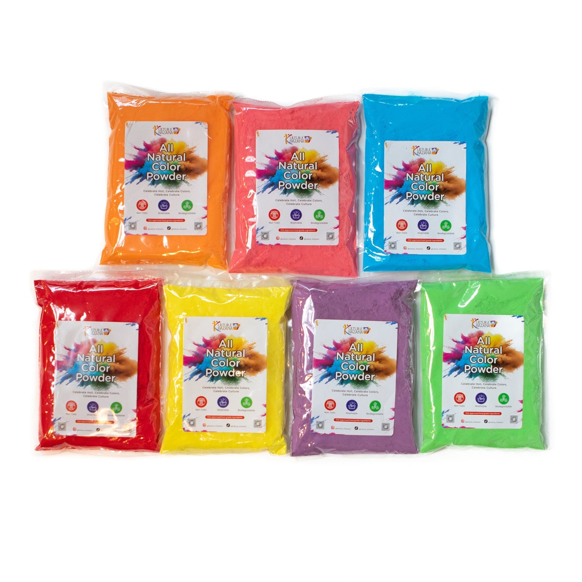Kulture Khazana Holi Color Powder 7-Pack - All Natural Non-Toxic Festival Celebration