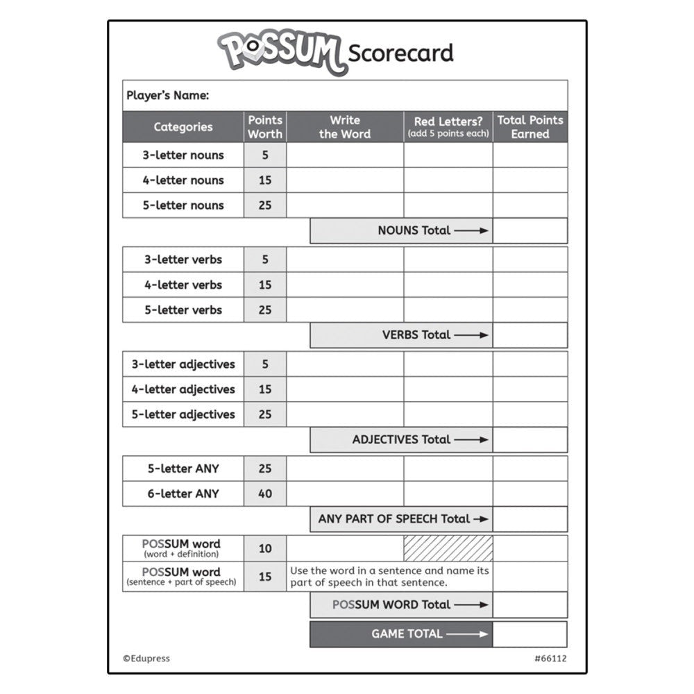 Teacher Created Resources POSSUM Letter Dice Game