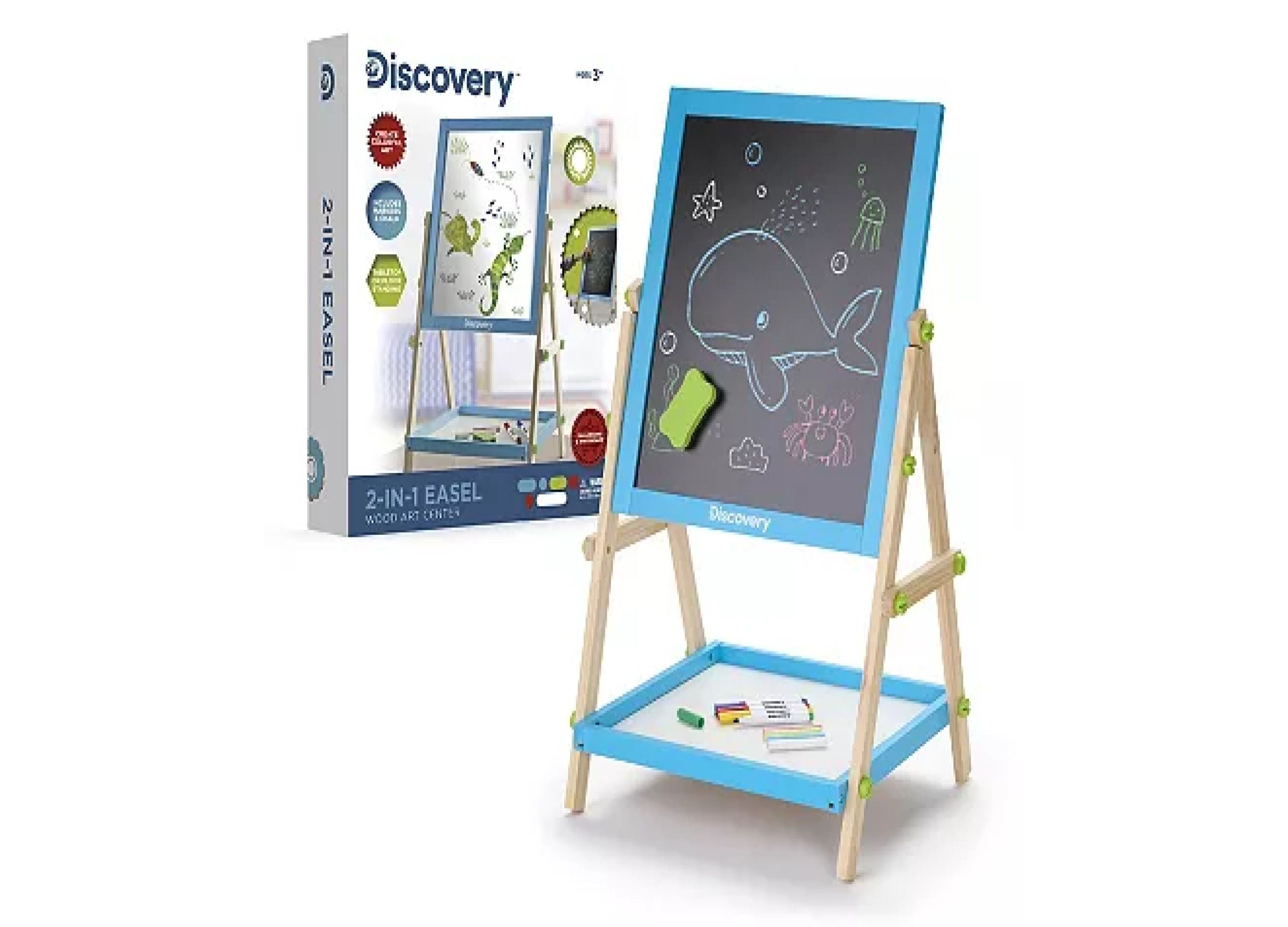 Discovery Kids 2-In-1 Easel Wood Art Center With Whiteboard And Chalkboard